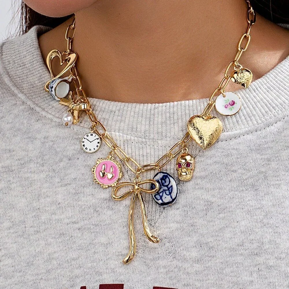 Multicolor Trendy Women's Handpainted Ceramic Bowknot Pendant Necklace